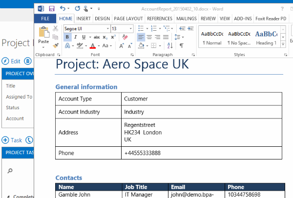 project or meeting reports in the browser