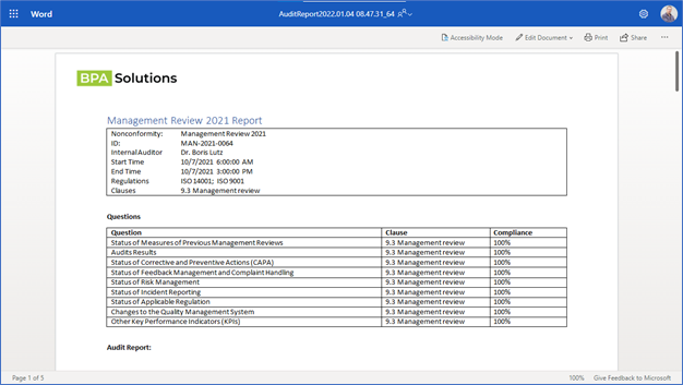 Management review report