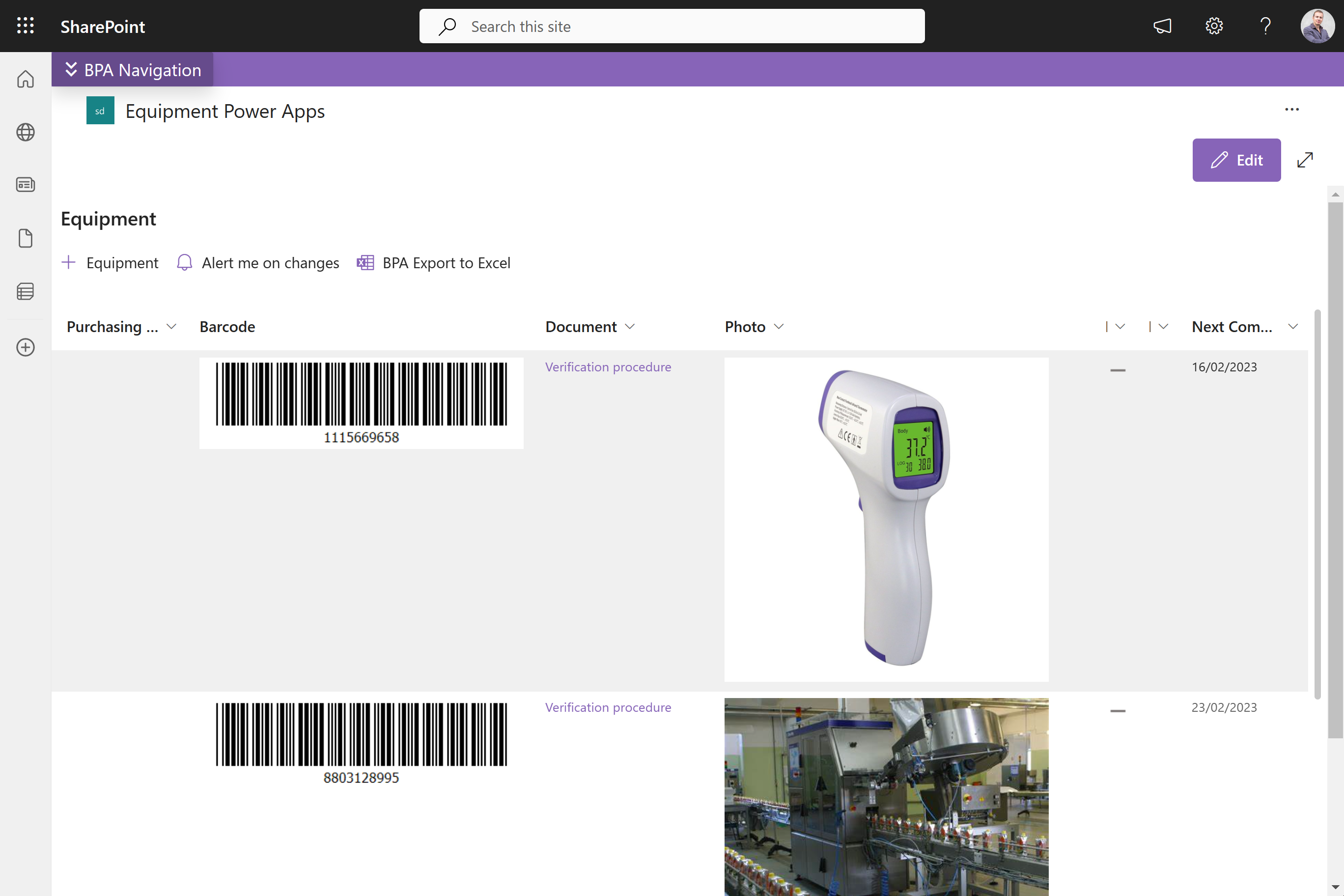 Equipment list in BPA software